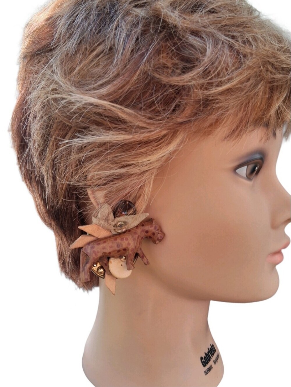 Vtg 80s Mixed Media Safari Statement Clip-Ons - Carved Cheetah & Leather